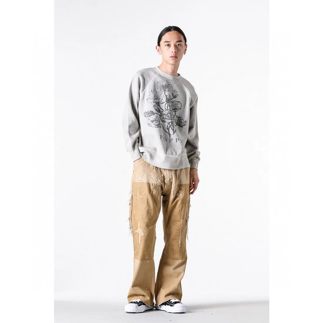 SAINT Mxxxxxx 'FLOWER' CREW NECK SWEAT SHIRTS Floral Distressed Retro Sweatshirt Distressed Gray S-XL Big Factory Four-needle Six-Thread Boneless Stitching Process/Original Horn Sleeve Version Top Printing Process Authentic Level Re-Engraving Garment Washing and Distressing/Hand-worn Graffiti Treatment Original Consistent Fruit Label/Little Angel Anti-Counterfeiting Label